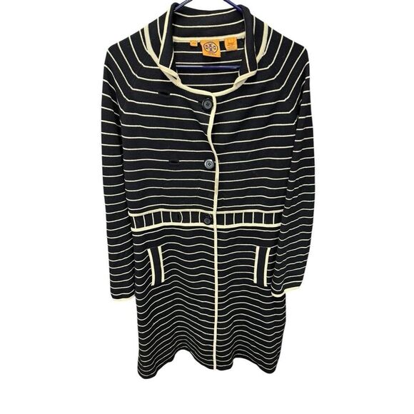 Tory Burch 100% Wool Knit Stripe Sweater Dress Black Cream L Long Sleeve - Picture 5 of 12